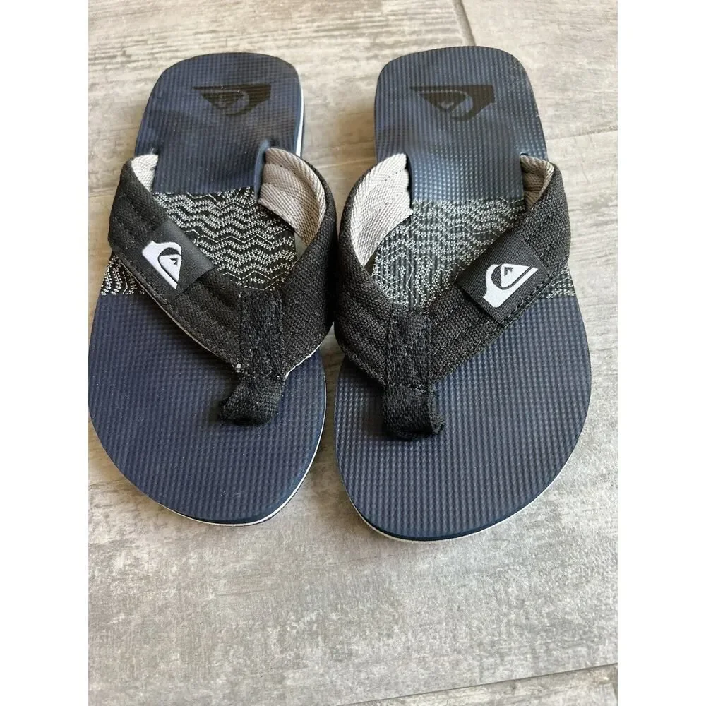 Quiksilver Flip Flops Black Navy Little Kids Boys Youth Sandals Beach Canvas 12